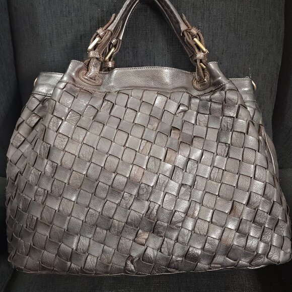 Civico 93 Large Brown Woven Leather Tote Bag Made In Italy - Picture 2 of 9